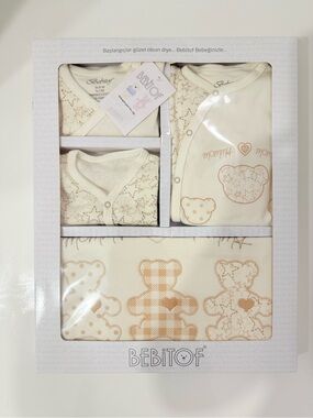 Cream Newborn 10 pieces Baby Gift Set with Teddy Print